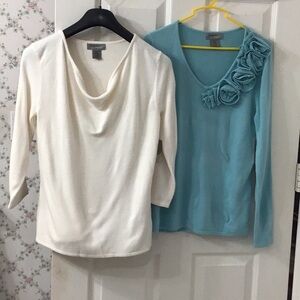 Bundle of 2 adorable small sweaters in cream & blue moon colors, cowl & V necks.